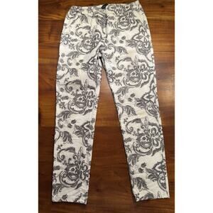 Flora Ashley Women’s White Gray Damask Pull On Ankle Pants Sz L Made In Italy